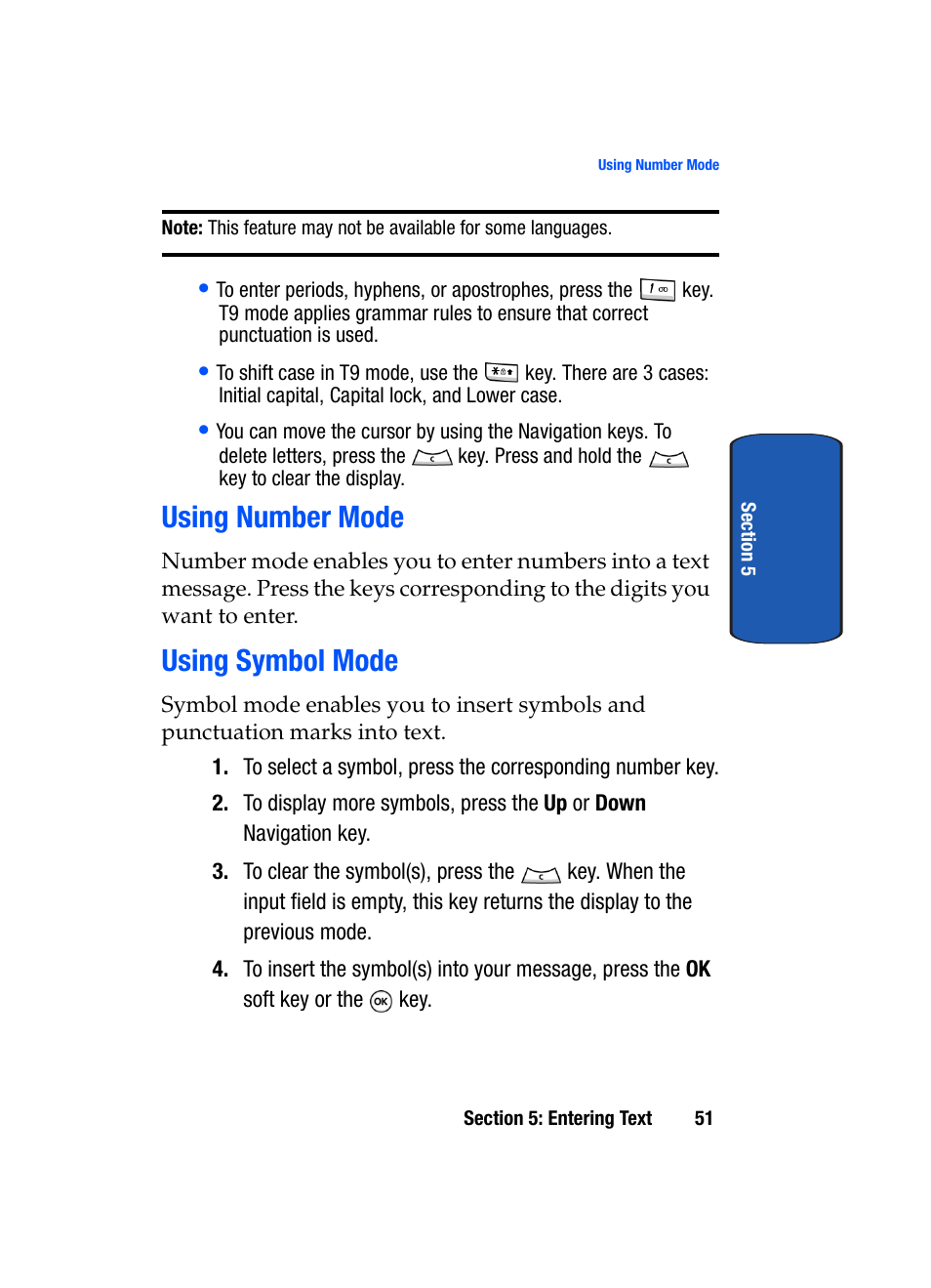 Using number mode using symbol mode, Using number mode, Using symbol mode | Samsung SGH-T509TSATMB User Manual | Page 55 / 206