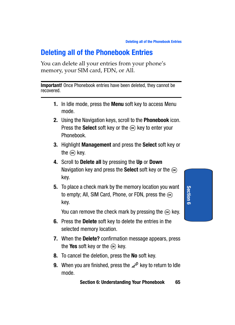 Deleting all of the phonebook entries | Samsung SGH-T509TSATMB User Manual | Page 69 / 206