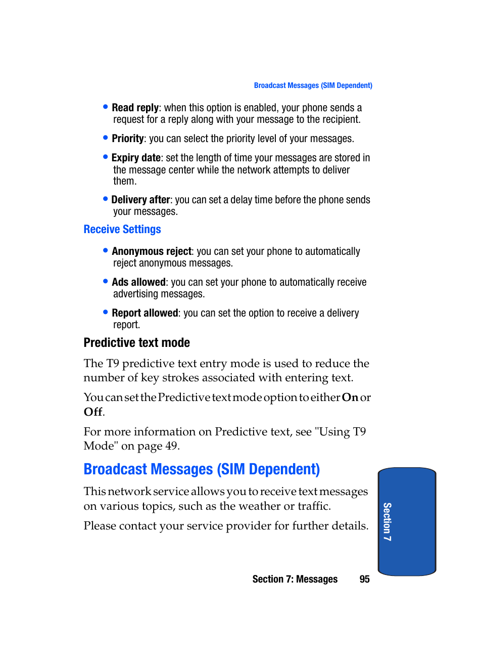 Broadcast messages (sim dependent) | Samsung SGH-T509TSATMB User Manual | Page 99 / 206