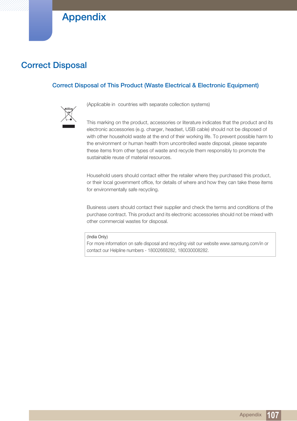 Correct disposal, Appendix | Samsung LS19C20KNY-ZA User Manual | Page 107 / 111
