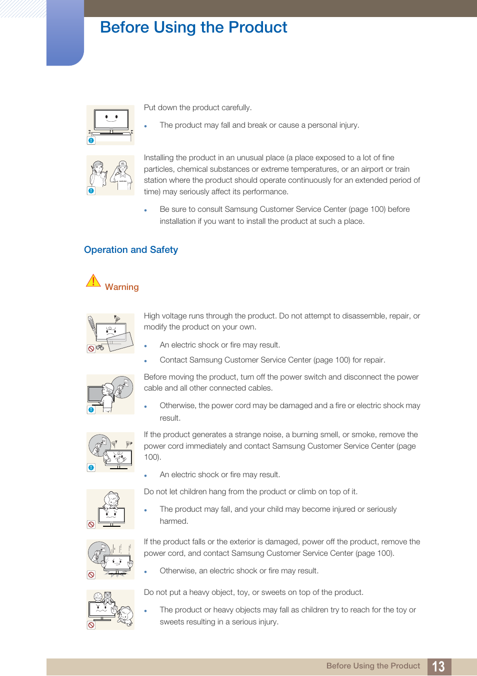 Operation and safety, Before using the product, Warning | Samsung LS19C20KNY-ZA User Manual | Page 13 / 111