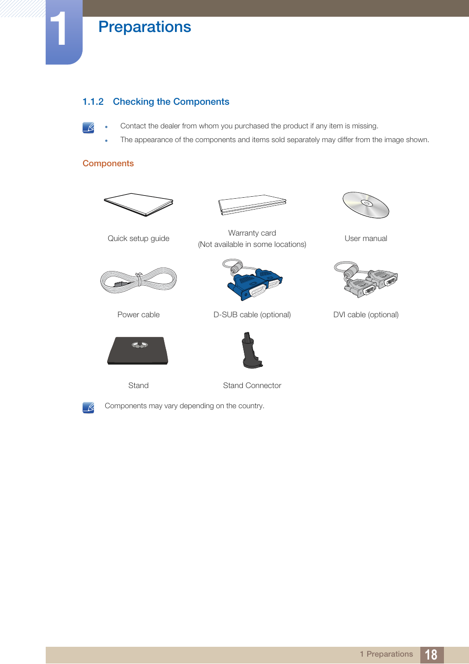 2 checking the components, Checking the components, Preparations | Samsung LS19C20KNY-ZA User Manual | Page 18 / 111