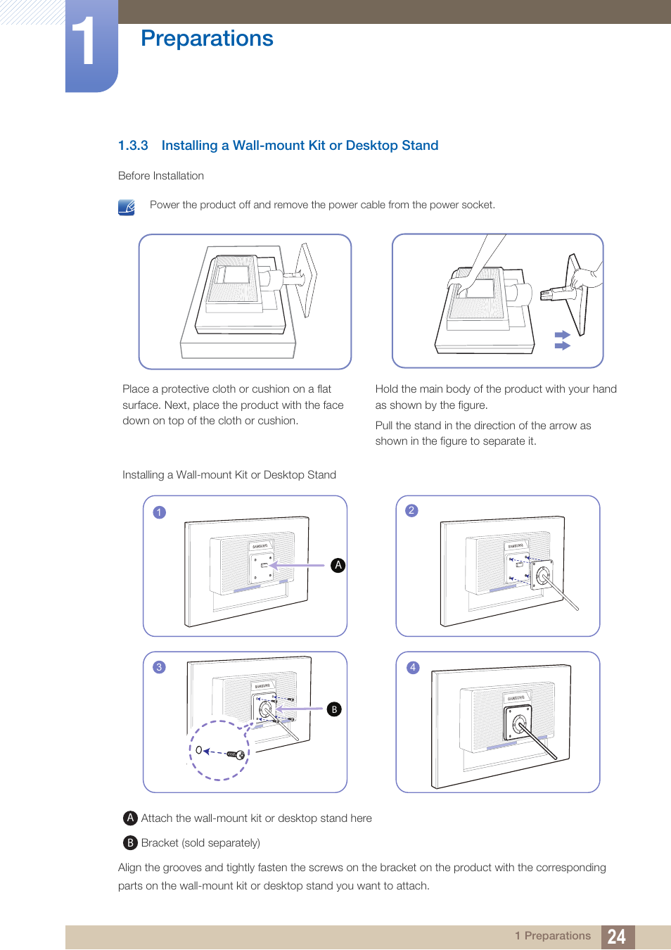 3 installing a wall-mount kit or desktop stand, Installing a wall-mount kit or desktop stand, Preparations | Samsung LS19C20KNY-ZA User Manual | Page 24 / 111