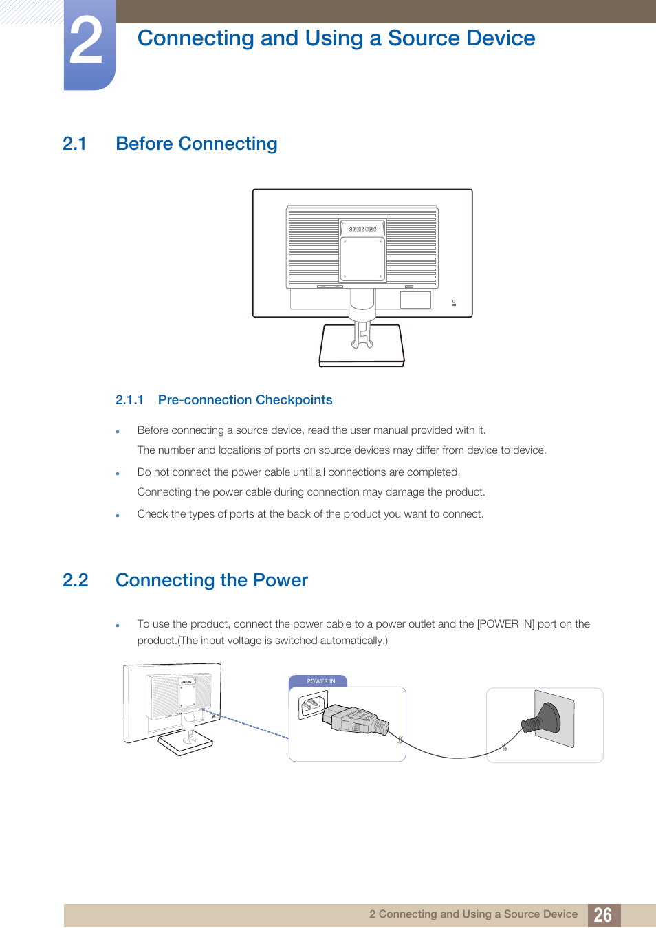Connecting and using a source device, 1 before connecting, 1 pre-connection checkpoints | 2 connecting the power, Connecting and using, A source device, Before connecting, Pre-connection checkpoints, Connecting the power | Samsung LS19C20KNY-ZA User Manual | Page 26 / 111