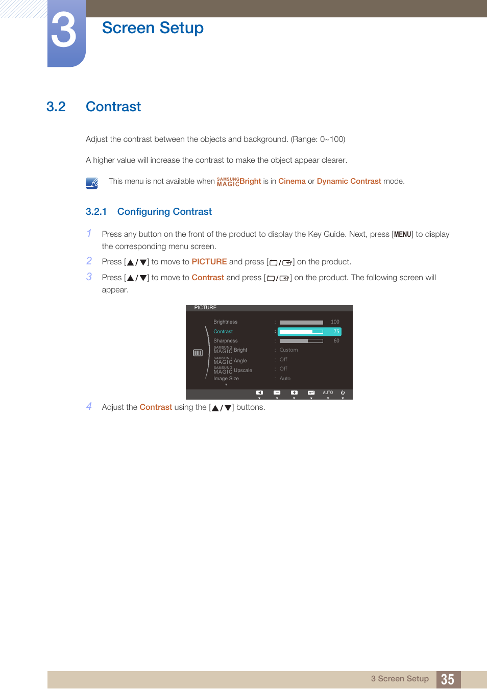 2 contrast, 1 configuring contrast, Contrast | Configuring contrast, Screen setup | Samsung LS19C20KNY-ZA User Manual | Page 35 / 111