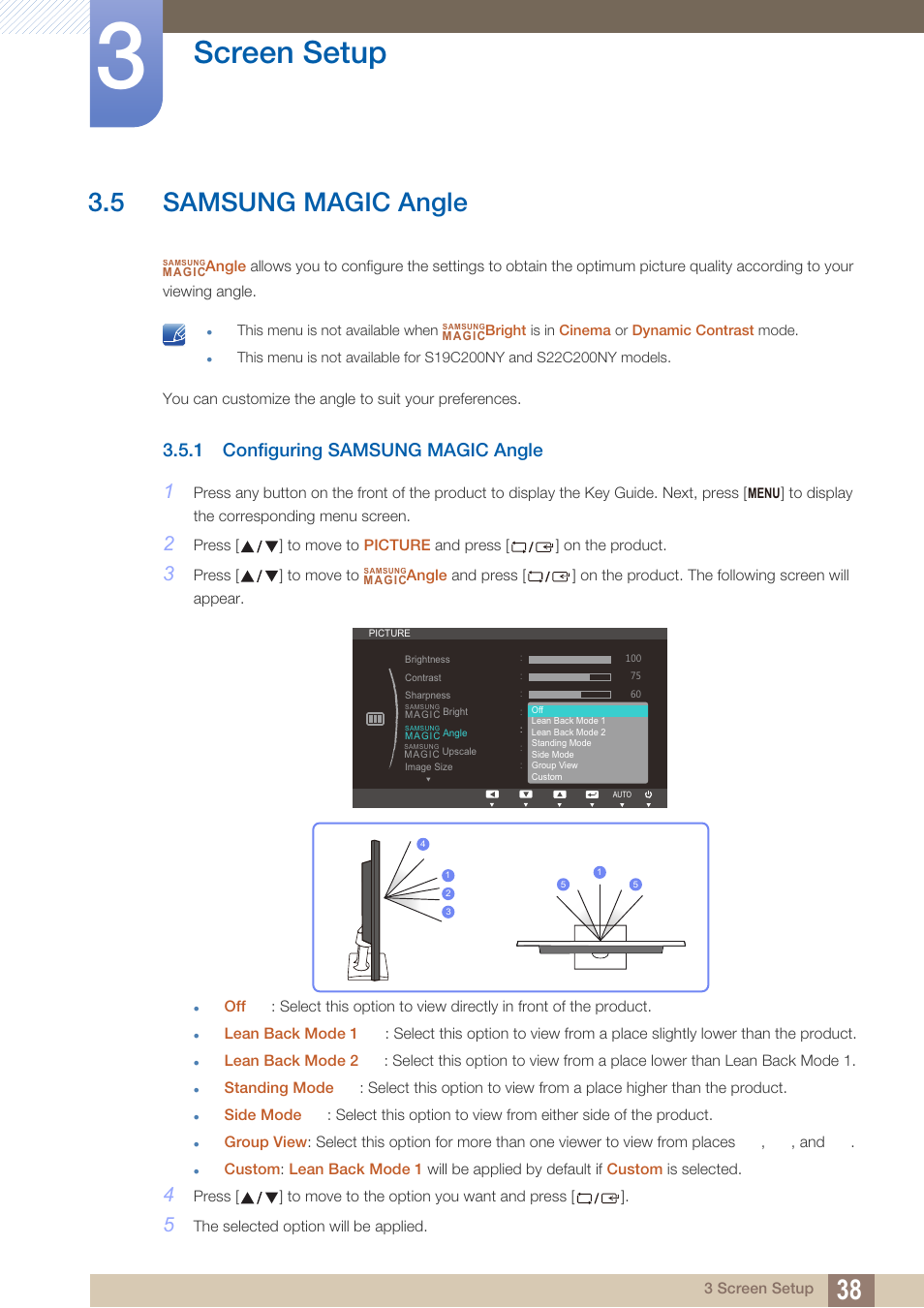 5 samsung magic angle, 1 configuring samsung magic angle, Samsung magic angle | Configuring samsung magic angle, Screen setup | Samsung LS19C20KNY-ZA User Manual | Page 38 / 111