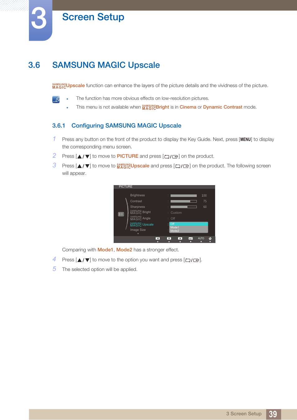 6 samsung magic upscale, 1 configuring samsung magic upscale, Samsung magic upscale | Configuring samsung magic upscale, Screen setup | Samsung LS19C20KNY-ZA User Manual | Page 39 / 111