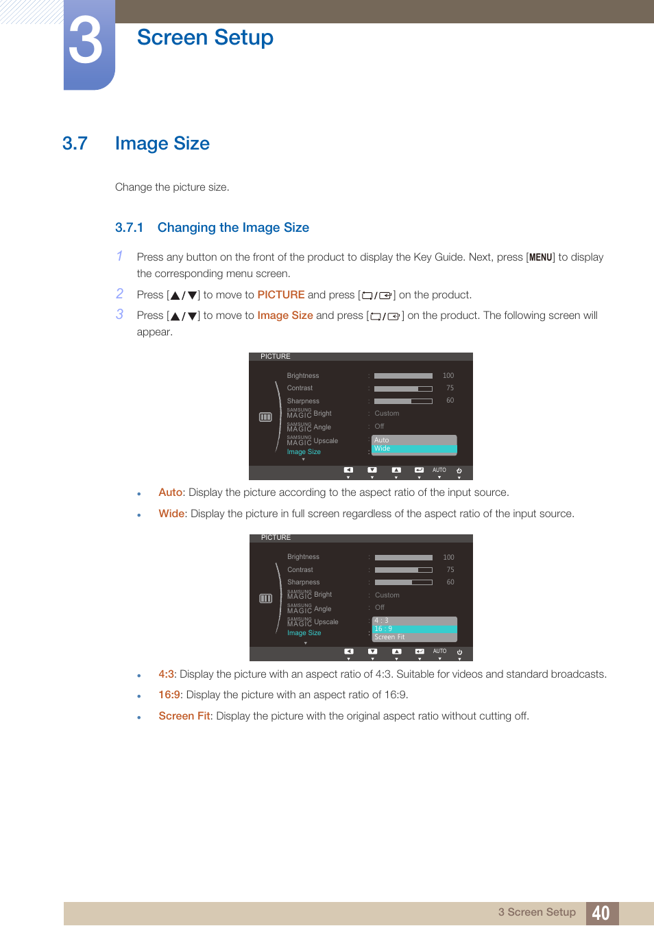 7 image size, 1 changing the image size, Image size | Changing the image size, Screen setup | Samsung LS19C20KNY-ZA User Manual | Page 40 / 111