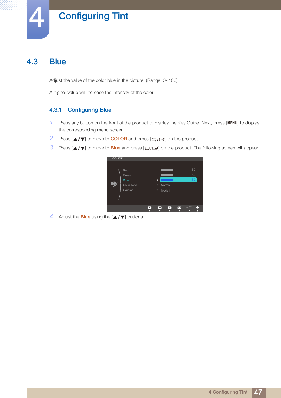 3 blue, 1 configuring blue, Blue | Configuring blue, Configuring tint | Samsung LS19C20KNY-ZA User Manual | Page 47 / 111