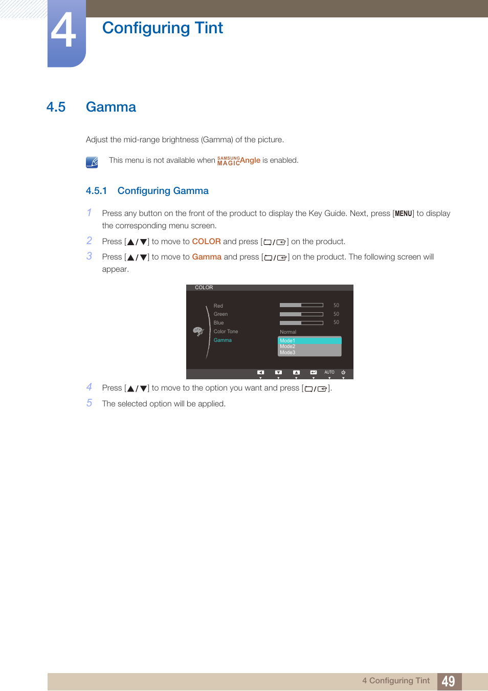 5 gamma, 1 configuring gamma, Gamma | Configuring gamma, Configuring tint | Samsung LS19C20KNY-ZA User Manual | Page 49 / 111