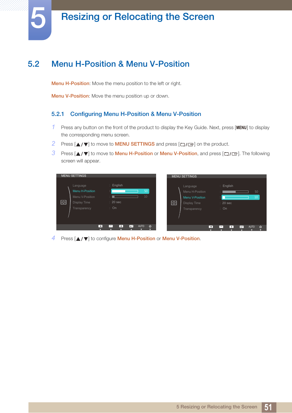2 menu h-position & menu v-position, 1 configuring menu h-position & menu v-position, Menu h-position & menu v-position | Configuring menu h-position & menu v- position, Resizing or relocating the screen | Samsung LS19C20KNY-ZA User Manual | Page 51 / 111