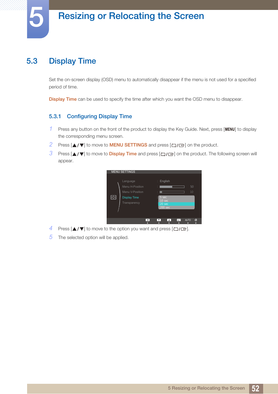 3 display time, 1 configuring display time, Display time | Configuring display time, Resizing or relocating the screen | Samsung LS19C20KNY-ZA User Manual | Page 52 / 111