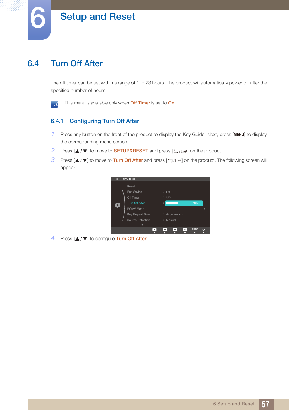 4 turn off after, 1 configuring turn off after, Turn off after | Configuring turn off after, Setup and reset | Samsung LS19C20KNY-ZA User Manual | Page 57 / 111
