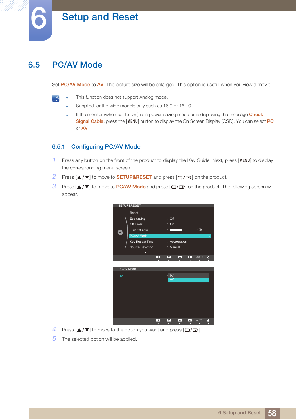 5 pc/av mode, 1 configuring pc/av mode, Pc/av mode | Configuring pc/av mode, Setup and reset | Samsung LS19C20KNY-ZA User Manual | Page 58 / 111