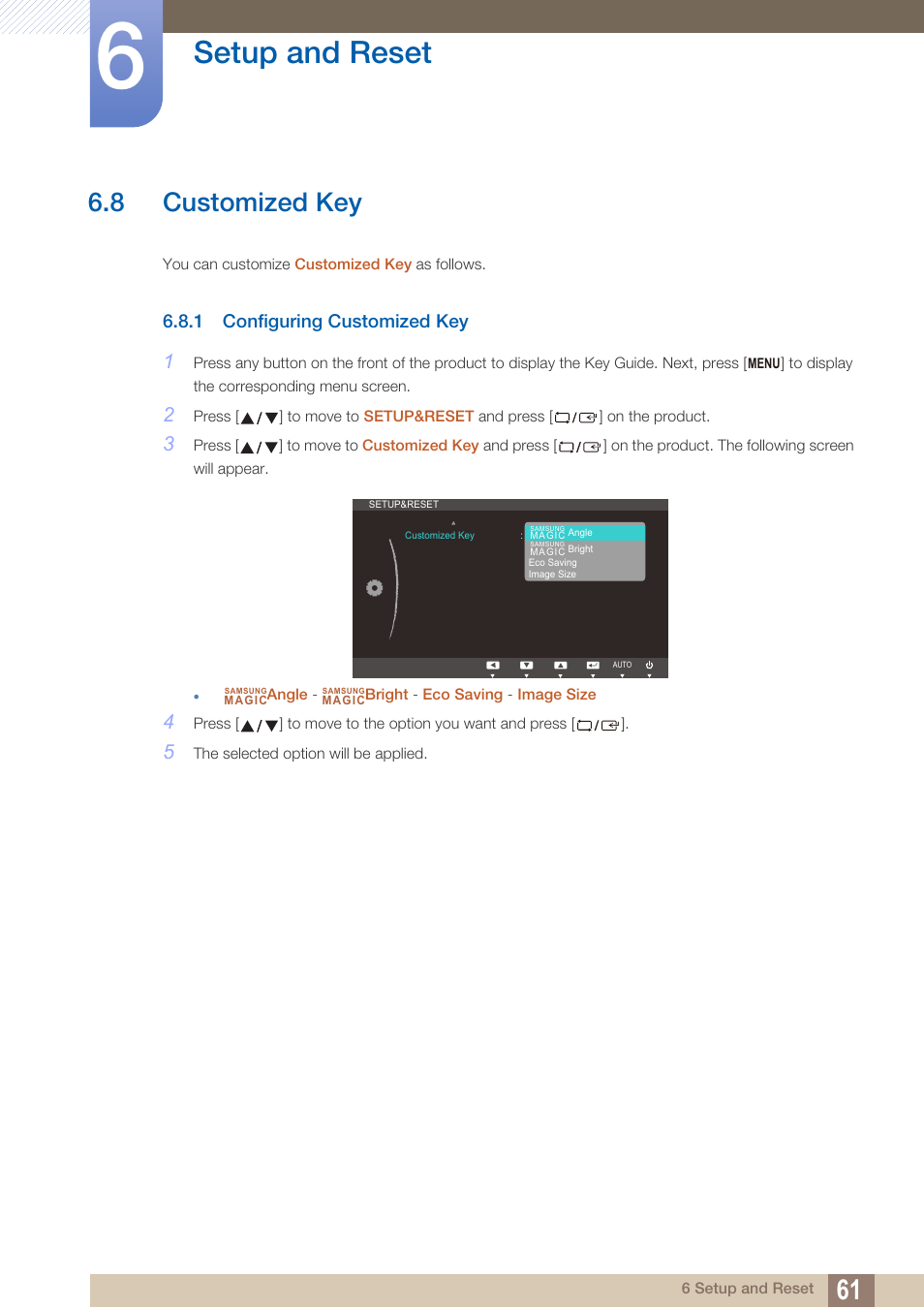 8 customized key, 1 configuring customized key, Customized key | Configuring customized key, Setup and reset | Samsung LS19C20KNY-ZA User Manual | Page 61 / 111