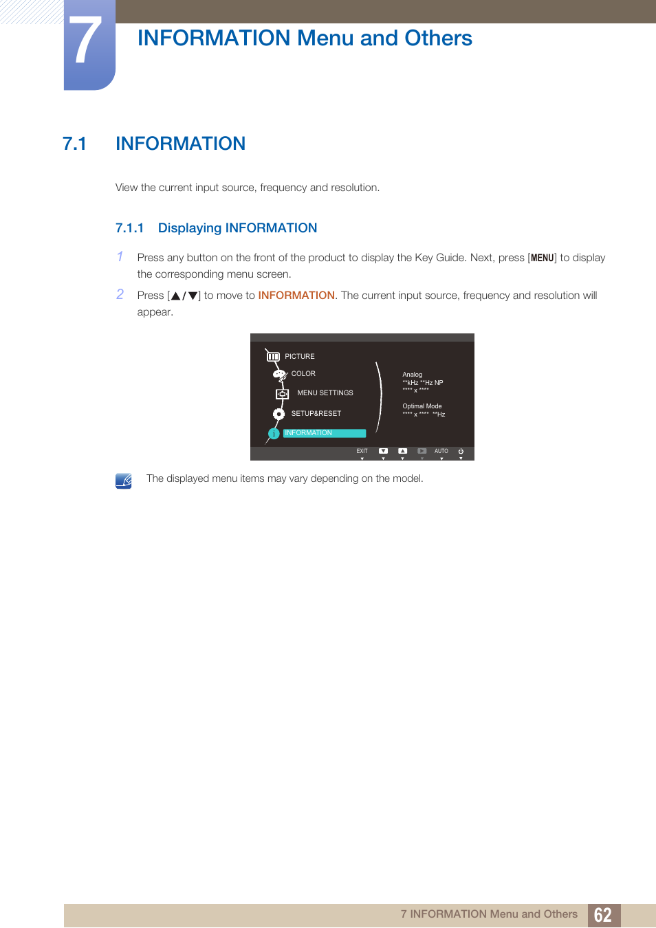 Information menu and others, 1 information, 1 displaying information | Information menu and, Others, Information, Displaying information | Samsung LS19C20KNY-ZA User Manual | Page 62 / 111