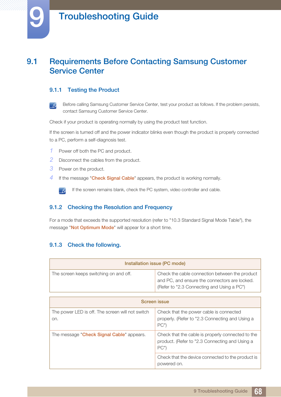 Troubleshooting guide, 1 testing the product, 2 checking the resolution and frequency | 3 check the following, Troubleshooting, Guide, Testing the product, Checking the resolution and frequency, Check the following | Samsung LS19C20KNY-ZA User Manual | Page 68 / 111