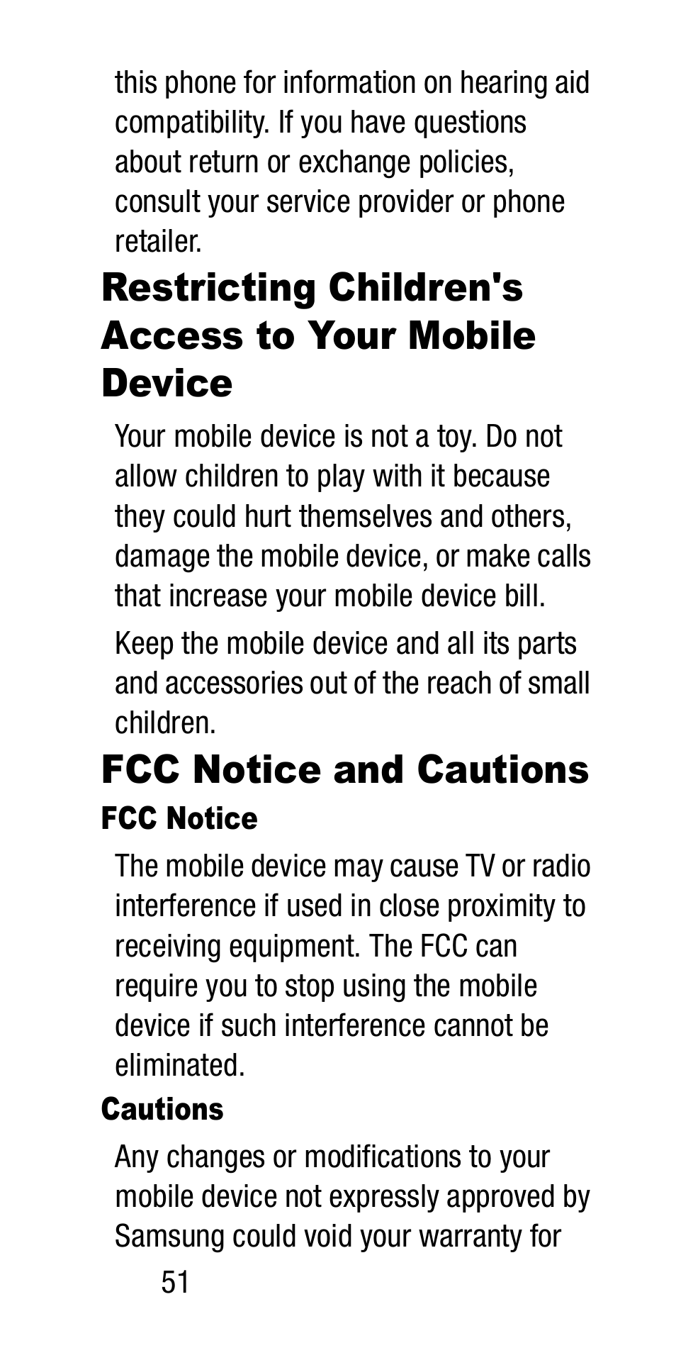 Restricting children's access, To your mobile device, Fcc notice and cautions | Samsung SM-G900VZKAVZW User Manual | Page 60 / 96