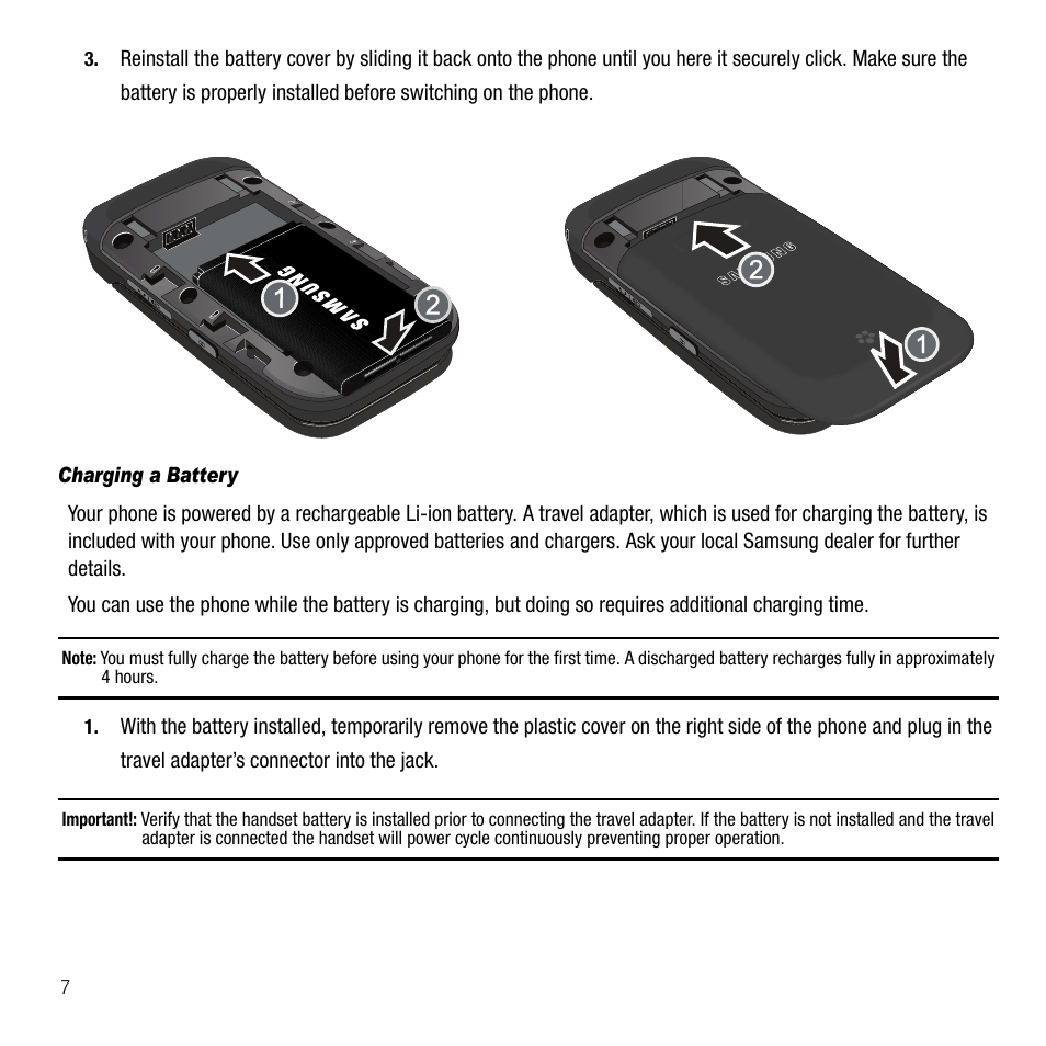 Charging a battery | Samsung SGH-T229SRATMB User Manual | Page 10 / 140