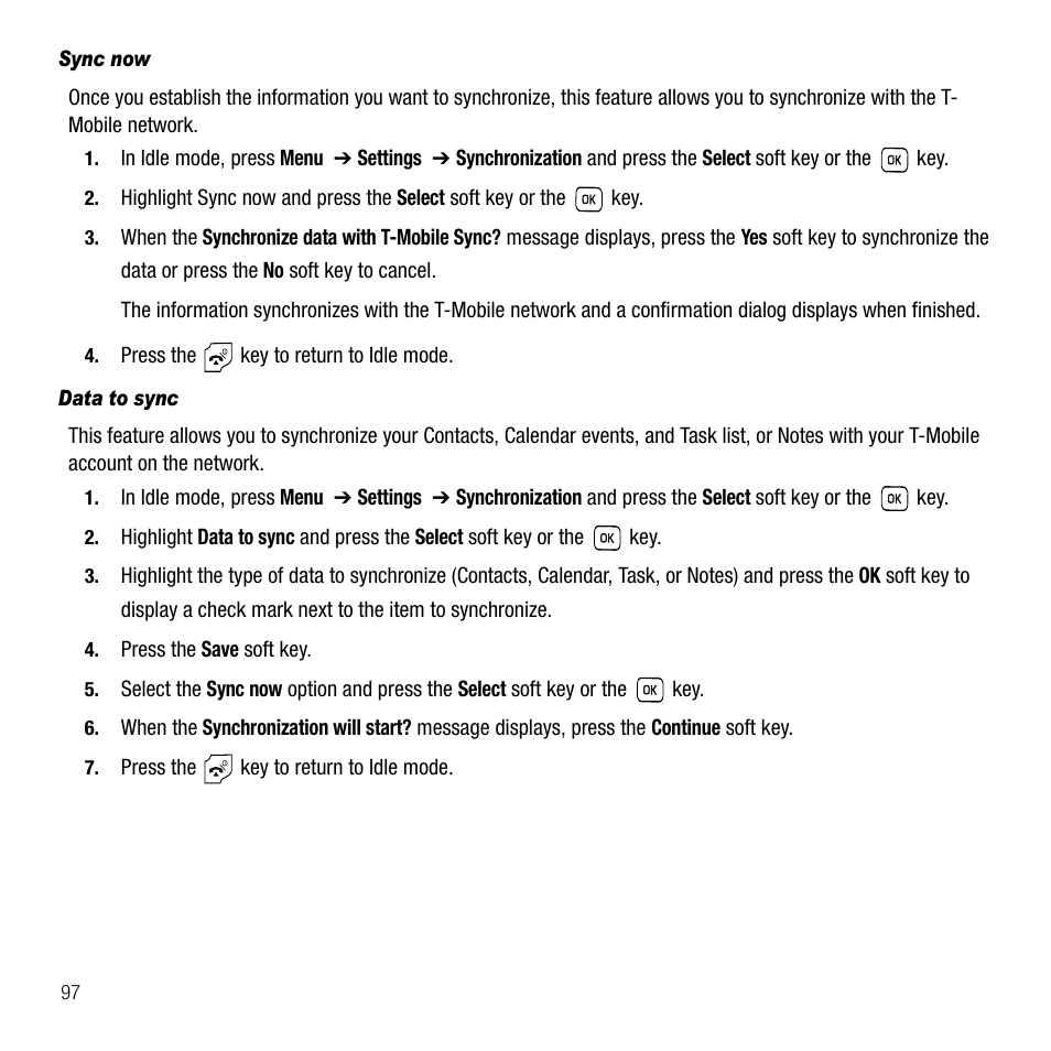 Sync now, Data to sync | Samsung SGH-T229SRATMB User Manual | Page 100 / 140