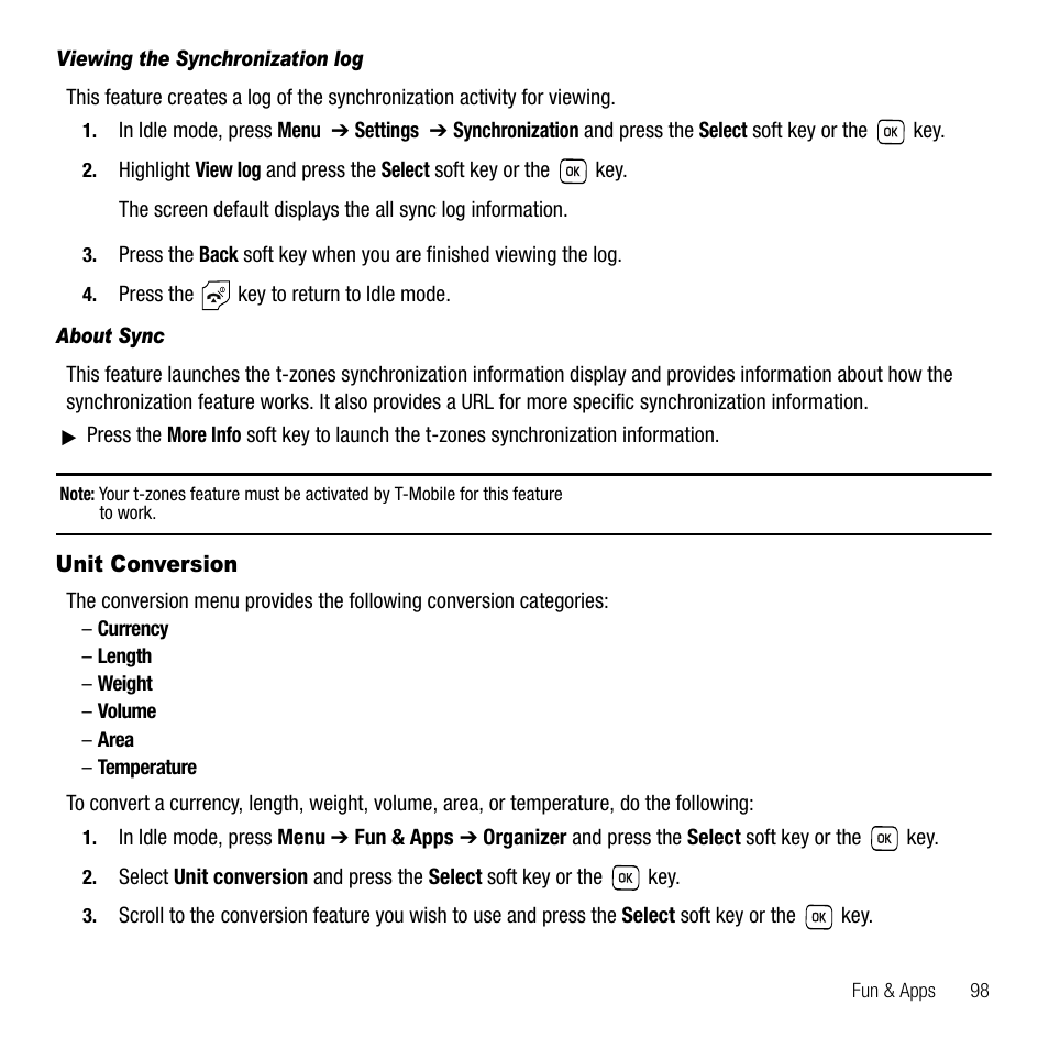 Viewing the synchronization log, About sync, Unit conversion | Samsung SGH-T229SRATMB User Manual | Page 101 / 140