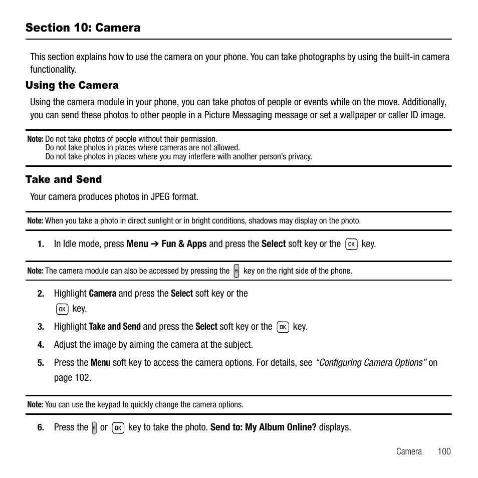 Section 10: camera, Using the camera, Take and send | Using the camera take and send | Samsung SGH-T229SRATMB User Manual | Page 103 / 140