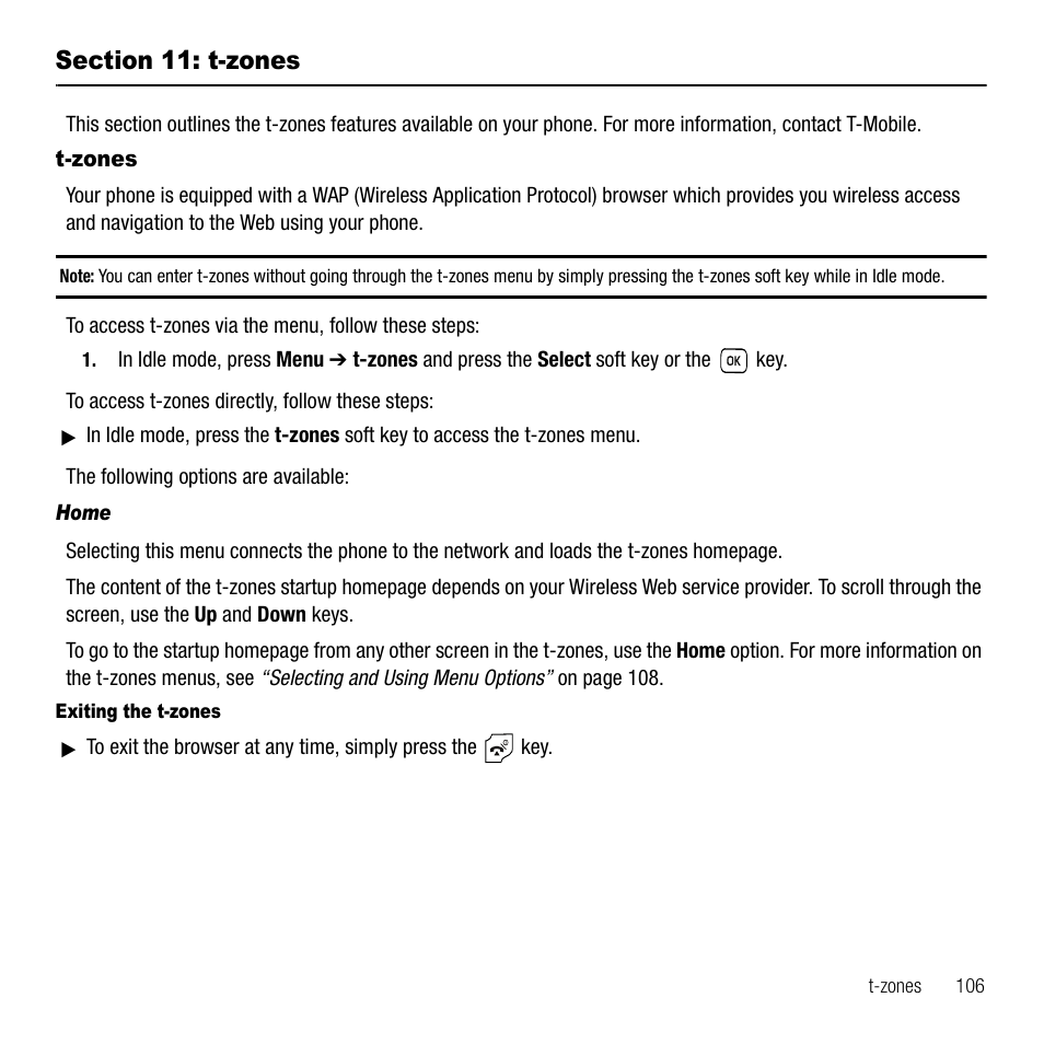 Section 11: t-zones, T-zones, Home | Samsung SGH-T229SRATMB User Manual | Page 109 / 140