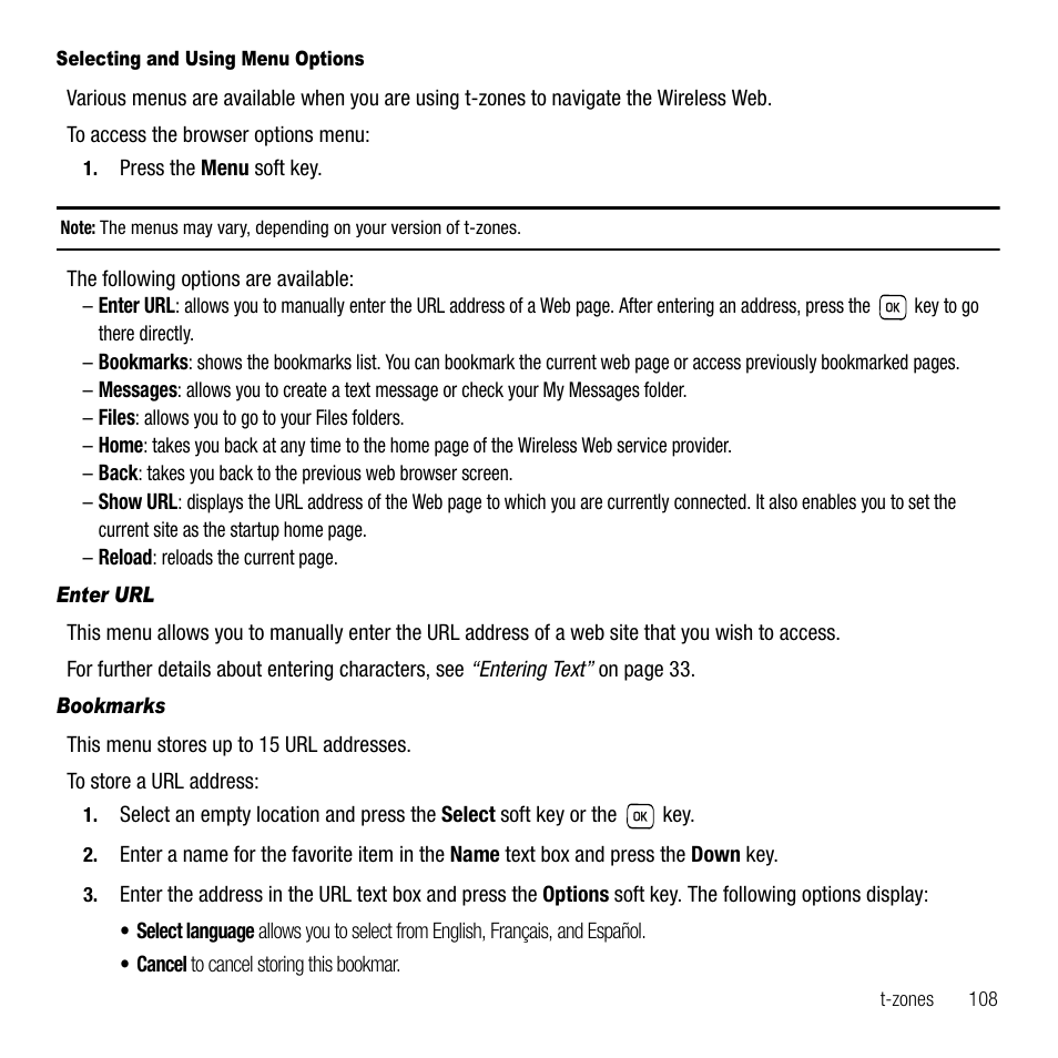 Enter url, Bookmarks | Samsung SGH-T229SRATMB User Manual | Page 111 / 140