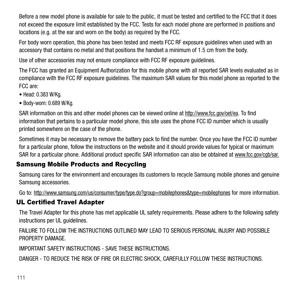 Samsung mobile products and recycling, Ul certified travel adapter | Samsung SGH-T229SRATMB User Manual | Page 114 / 140