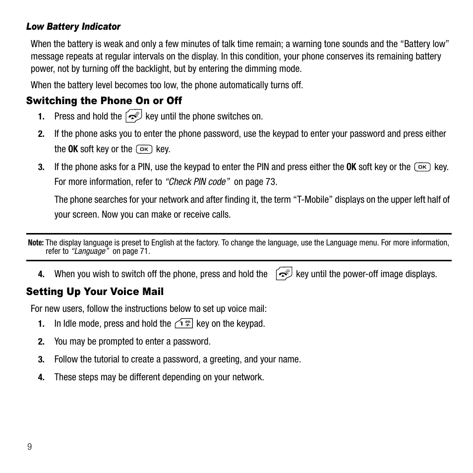 Low battery indicator, Switching the phone on or off, Setting up your voice mail | Samsung SGH-T229SRATMB User Manual | Page 12 / 140