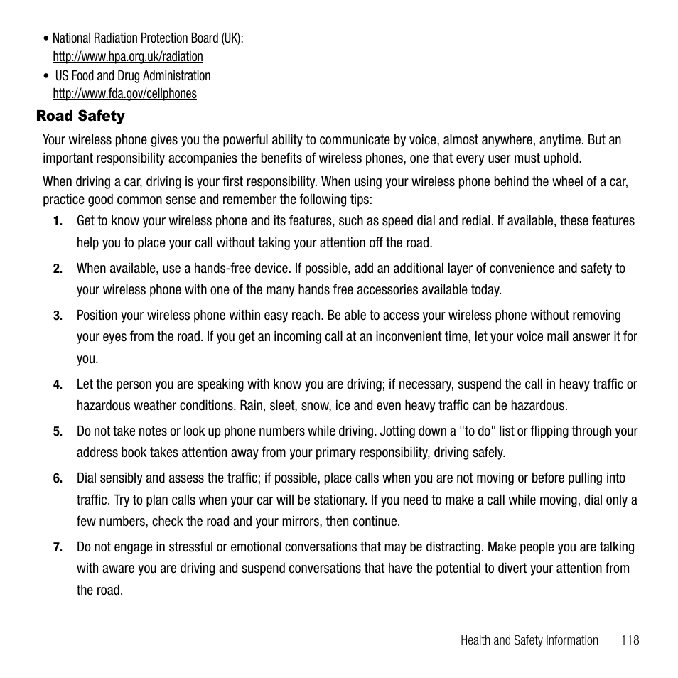 Road safety | Samsung SGH-T229SRATMB User Manual | Page 121 / 140