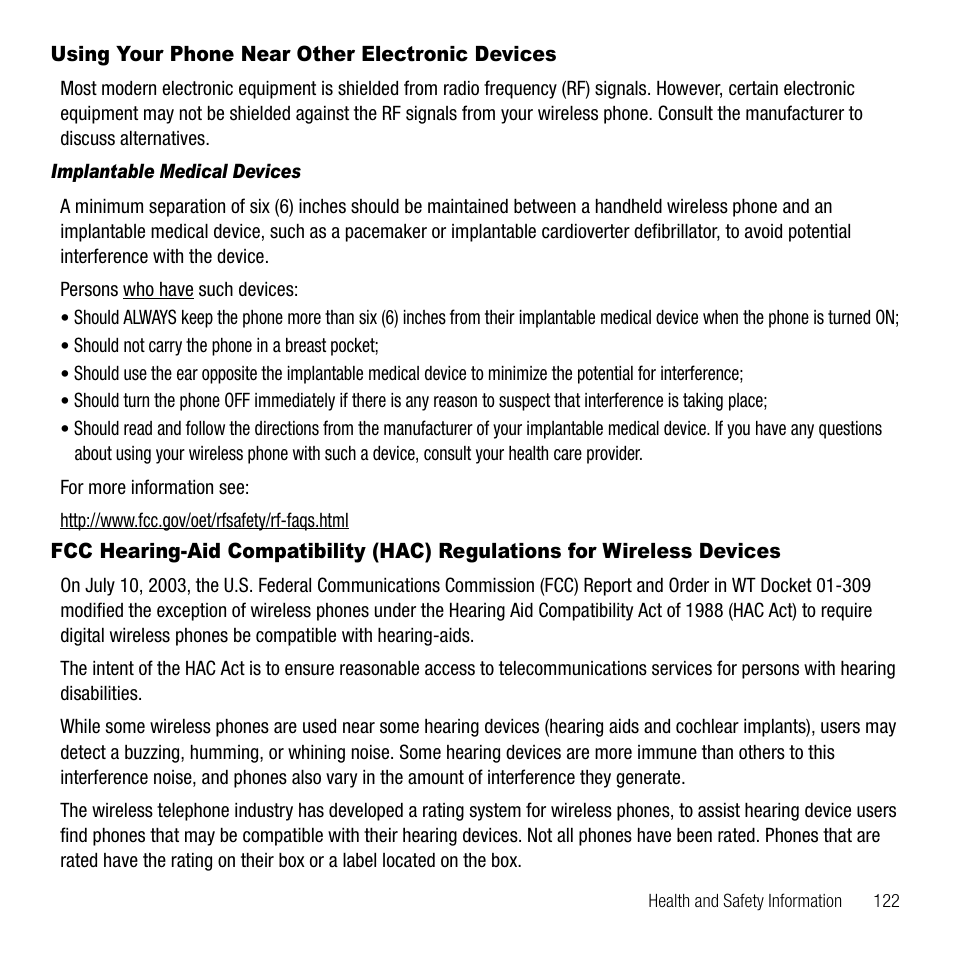 Using your phone near other electronic devices, Implantable medical devices | Samsung SGH-T229SRATMB User Manual | Page 125 / 140