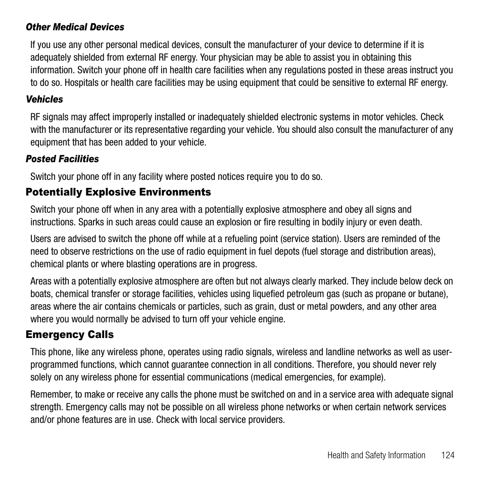 Other medical devices, Vehicles, Posted facilities | Potentially explosive environments, Emergency calls, Potentially explosive environments emergency calls | Samsung SGH-T229SRATMB User Manual | Page 127 / 140