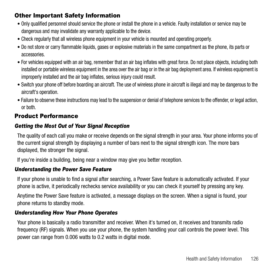 Other important safety information, Product performance, Getting the most out of your signal reception | Understanding the power save feature, Understanding how your phone operates | Samsung SGH-T229SRATMB User Manual | Page 129 / 140