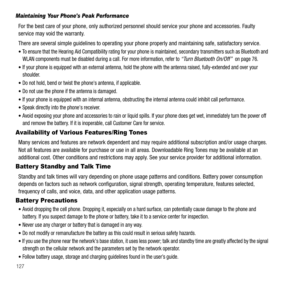 Maintaining your phone's peak performance, Availability of various features/ring tones, Battery standby and talk time | Battery precautions | Samsung SGH-T229SRATMB User Manual | Page 130 / 140