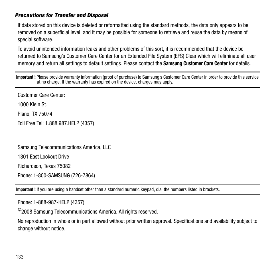 Precautions for transfer and disposal | Samsung SGH-T229SRATMB User Manual | Page 136 / 140