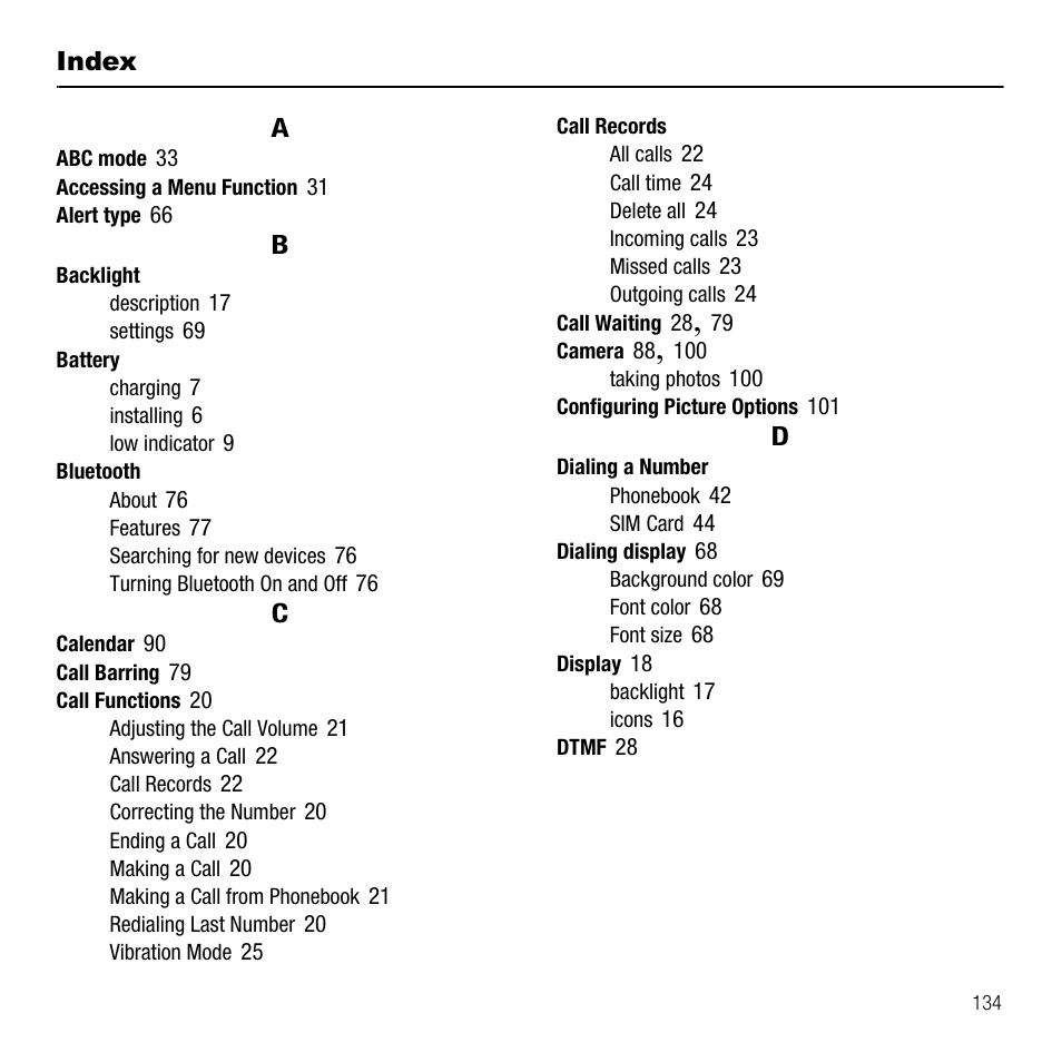 Index | Samsung SGH-T229SRATMB User Manual | Page 137 / 140