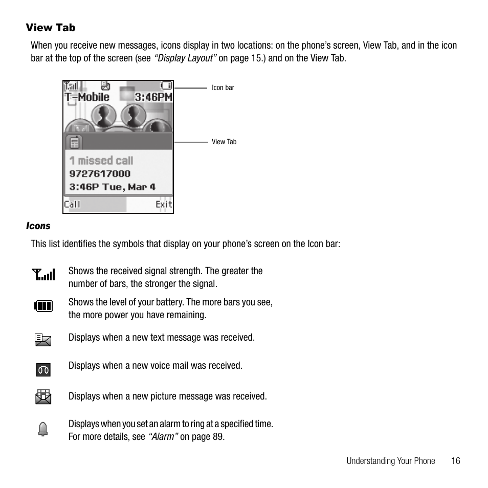 View tab, Icons | Samsung SGH-T229SRATMB User Manual | Page 19 / 140