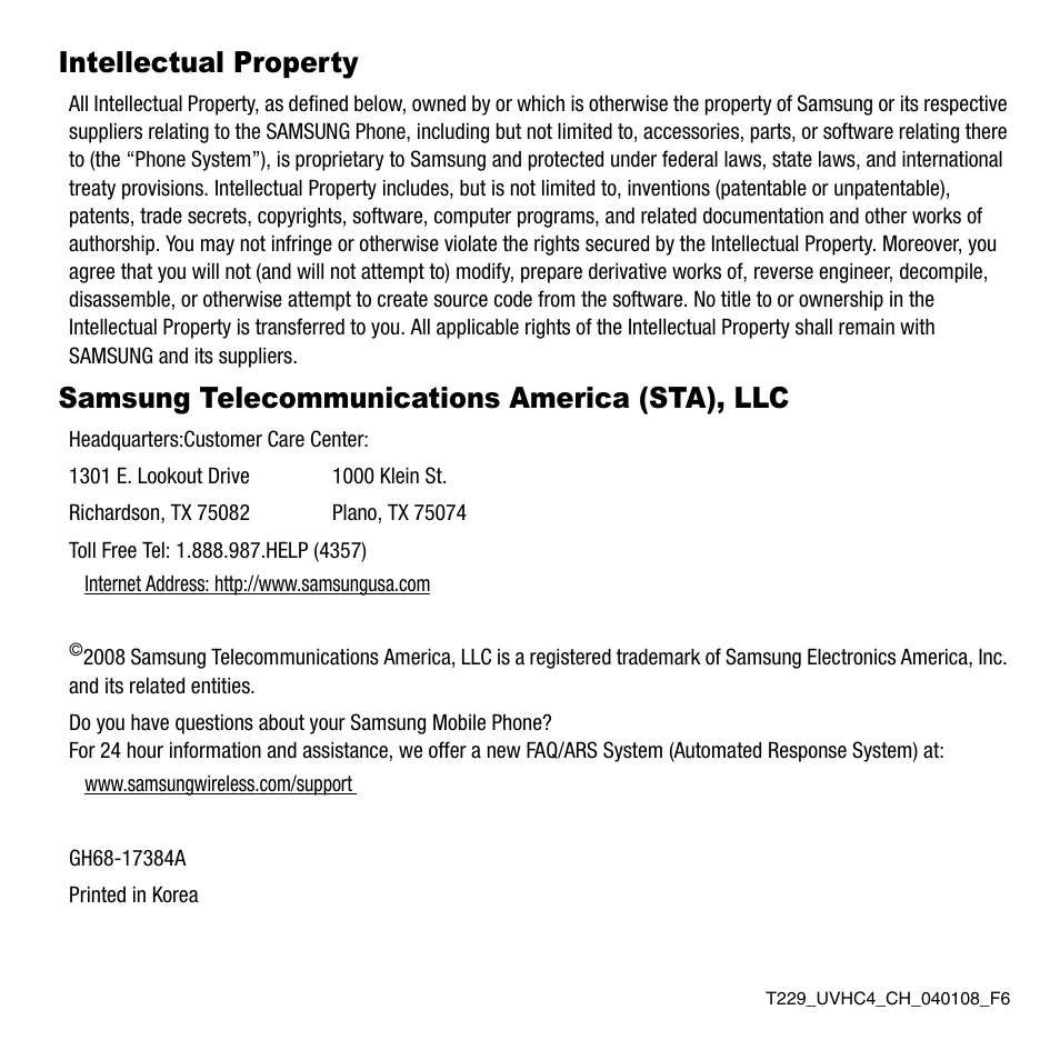 Intellectual property, Samsung telecommunications america (sta), llc | Samsung SGH-T229SRATMB User Manual | Page 2 / 140