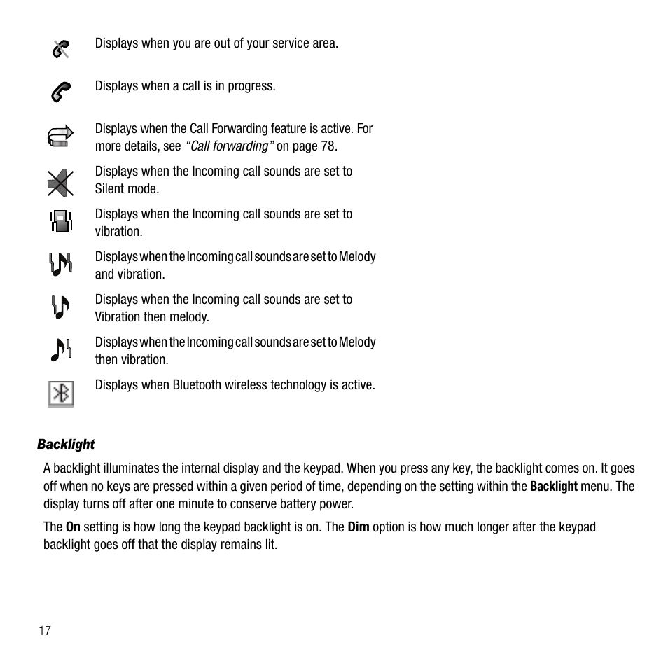 Backlight | Samsung SGH-T229SRATMB User Manual | Page 20 / 140
