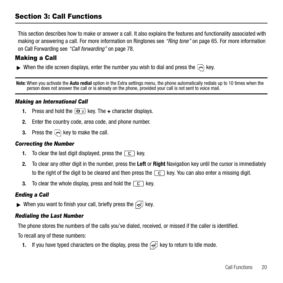 Section 3: call functions, Making a call, Making an international call | Correcting the number, Ending a call, Redialing the last number | Samsung SGH-T229SRATMB User Manual | Page 23 / 140