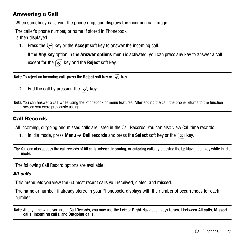 Answering a call, Call records, All calls | Answering a call call records | Samsung SGH-T229SRATMB User Manual | Page 25 / 140