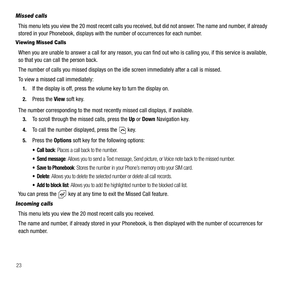 Missed calls, Incoming calls | Samsung SGH-T229SRATMB User Manual | Page 26 / 140