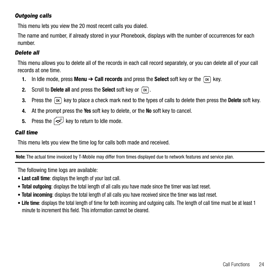 Outgoing calls, Delete all, Call time | Samsung SGH-T229SRATMB User Manual | Page 27 / 140