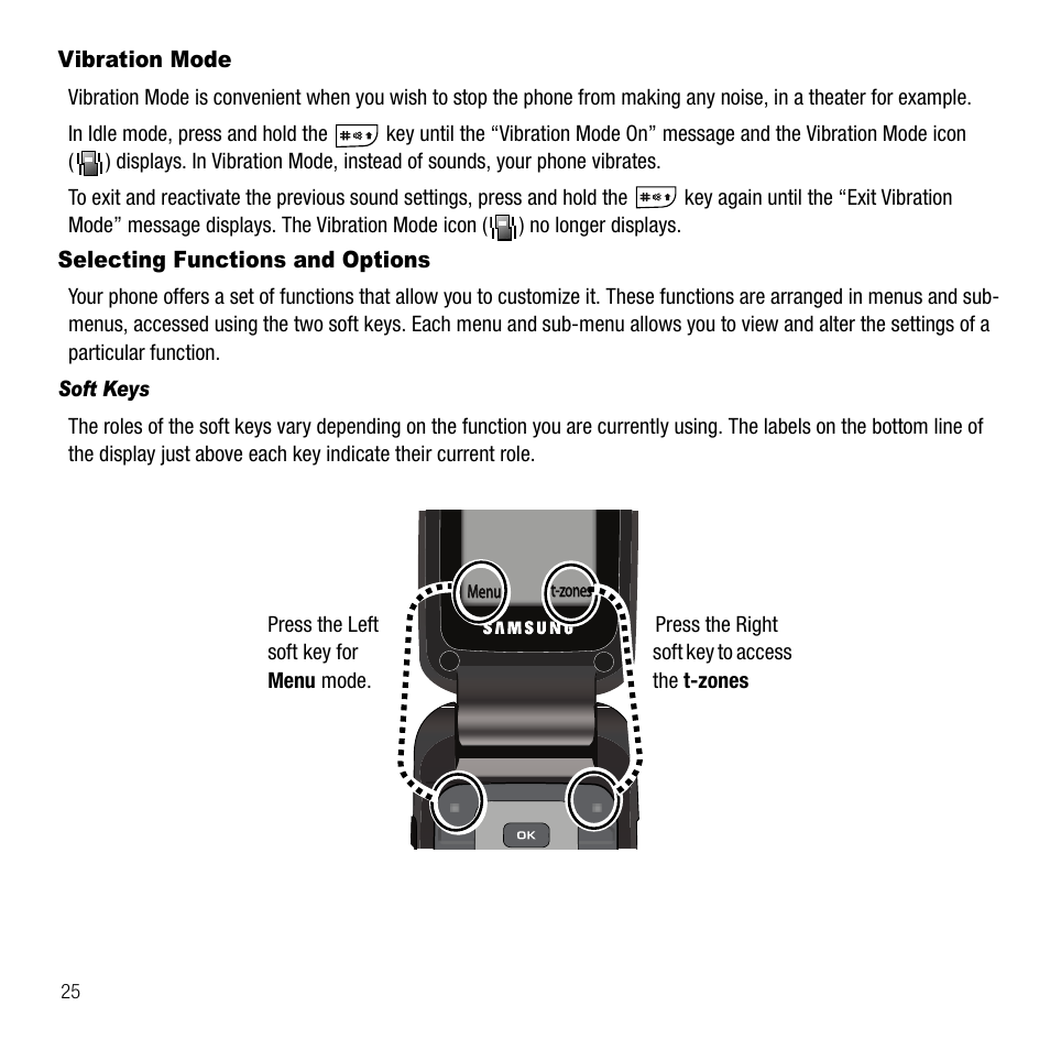 Vibration mode, Selecting functions and options, Soft keys | Vibration mode selecting functions and options | Samsung SGH-T229SRATMB User Manual | Page 28 / 140