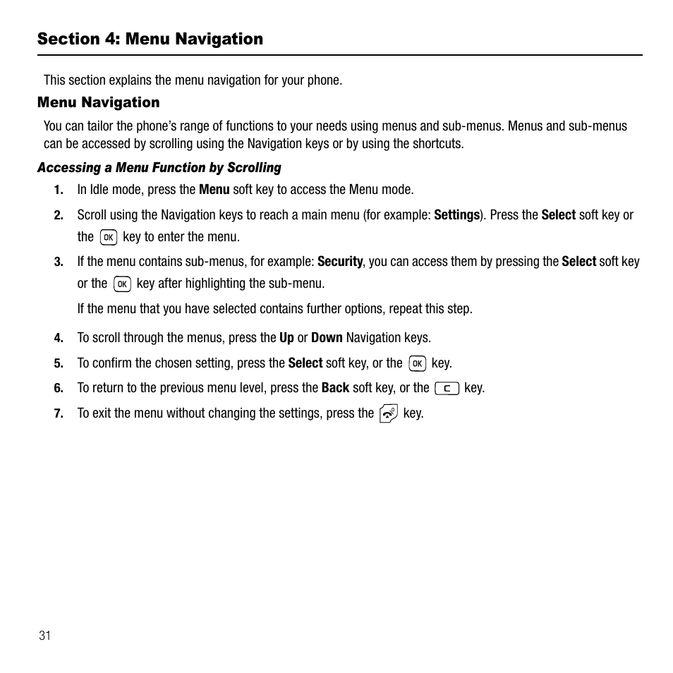 Section 4: menu navigation, Menu navigation, Accessing a menu function by scrolling | Samsung SGH-T229SRATMB User Manual | Page 34 / 140