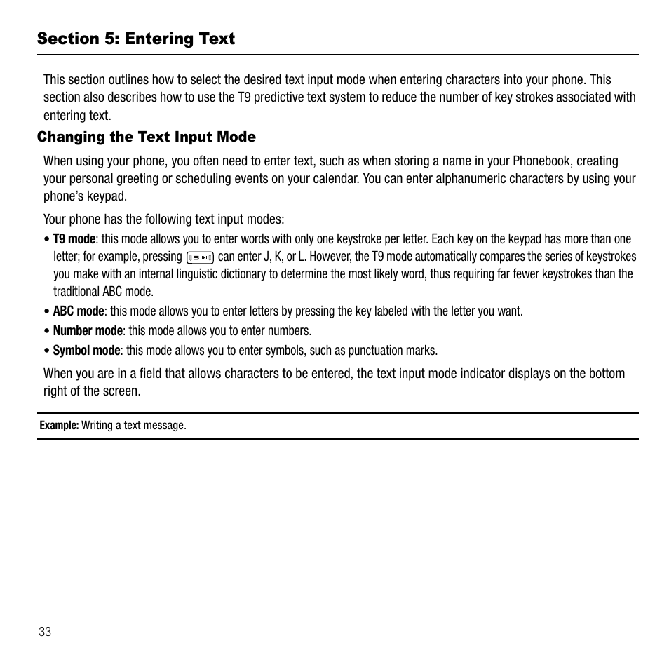 Section 5: entering text, Changing the text input mode | Samsung SGH-T229SRATMB User Manual | Page 36 / 140