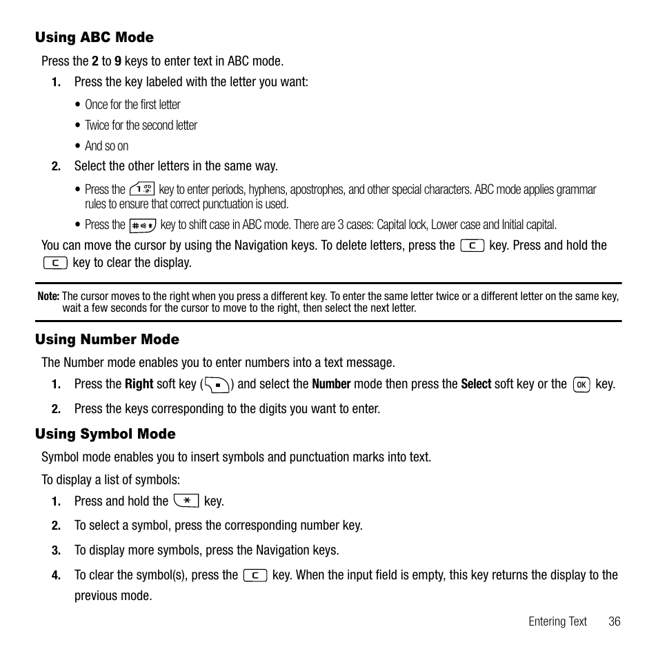 Using abc mode, Using number mode, Using symbol mode | Using abc mode using number mode using symbol mode | Samsung SGH-T229SRATMB User Manual | Page 39 / 140