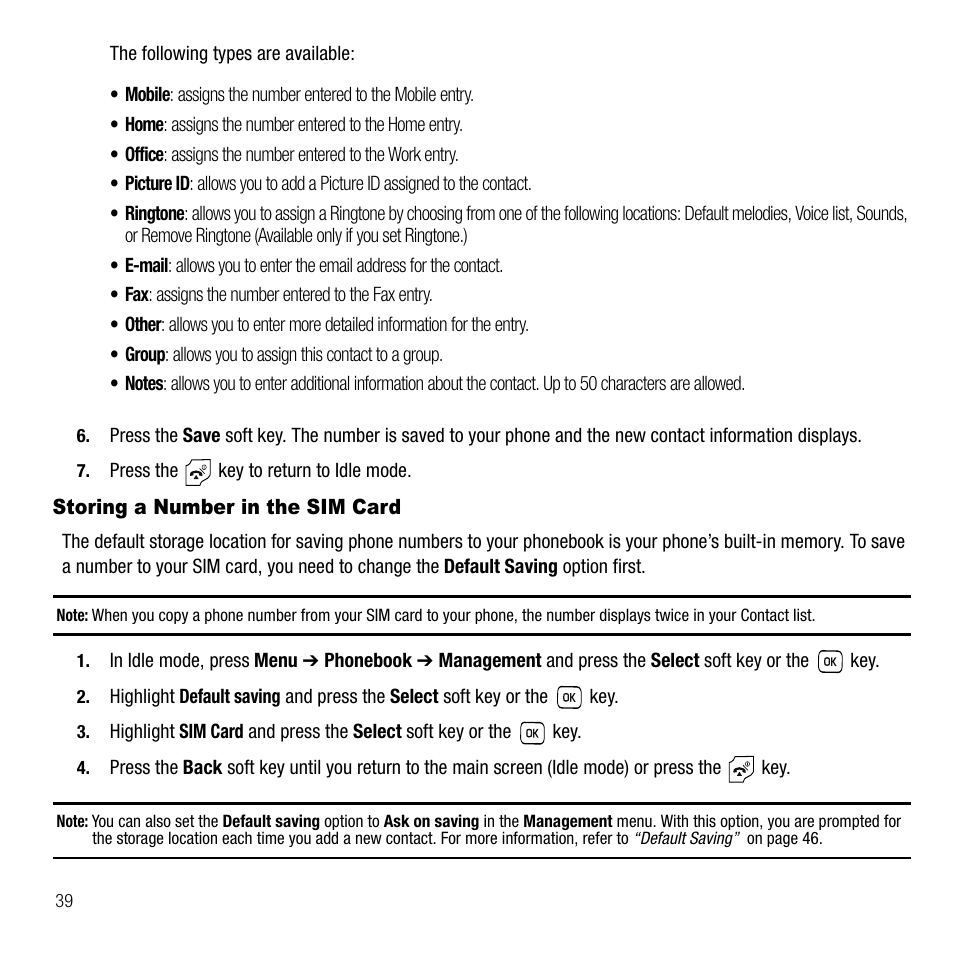 Storing a number in the sim card | Samsung SGH-T229SRATMB User Manual | Page 42 / 140