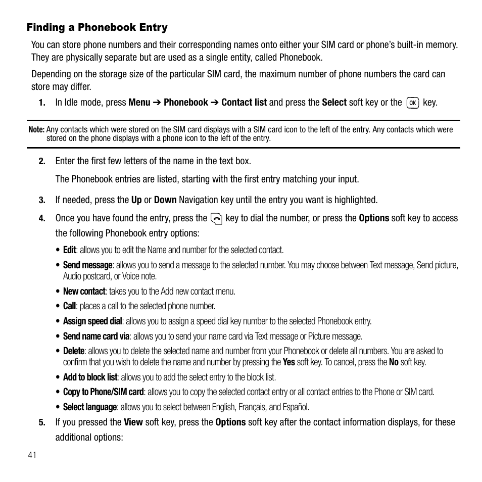 Finding a phonebook entry | Samsung SGH-T229SRATMB User Manual | Page 44 / 140